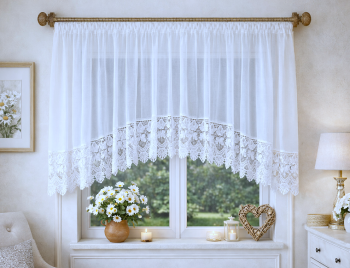 Krótka firana z woalu kresz z gipiurą 20 cm 300x115 cm – firana do kuchni