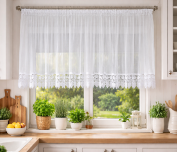 Krótka firana z woalu gładkiego szer.300x100 cm, gipiura 15 cm